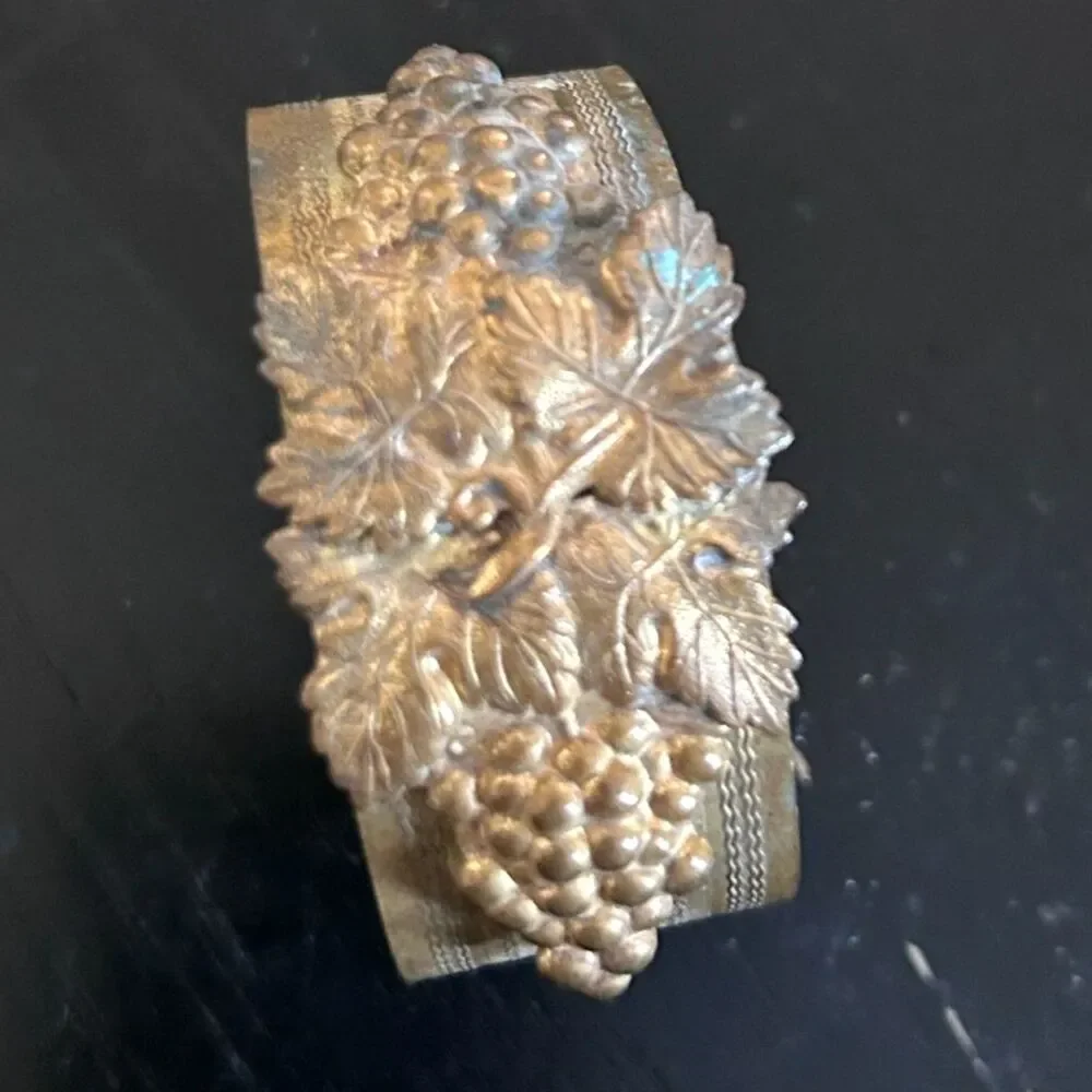 Vintage Brass Victorian Revival Cuff Bracelet Grapes Leaves Embossed